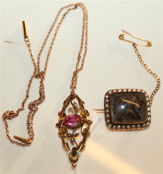 Tourmaline, pearl & 9ct gold pendant & a memento mori brooch with hairpiece